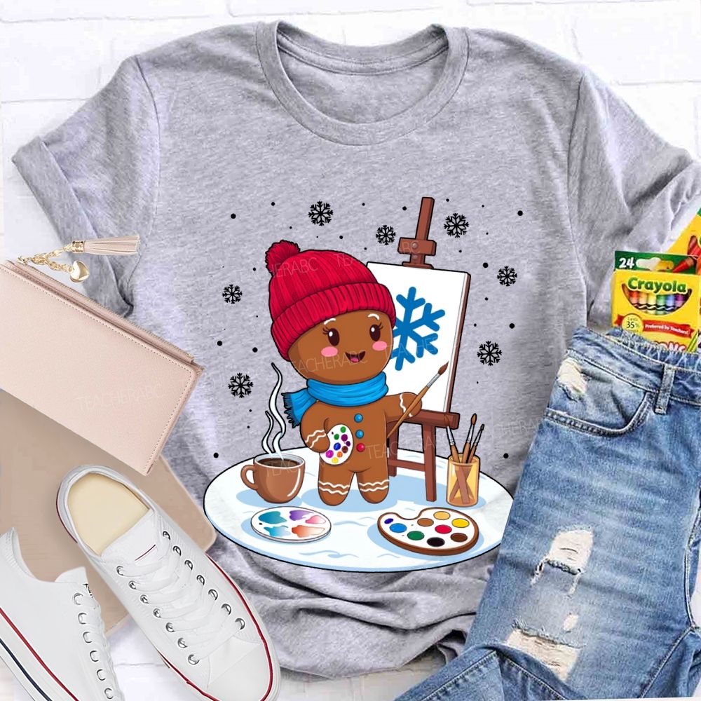 Gingerbread Man Drawing In The Snow Art Teacher Merry Christmas T-shirt