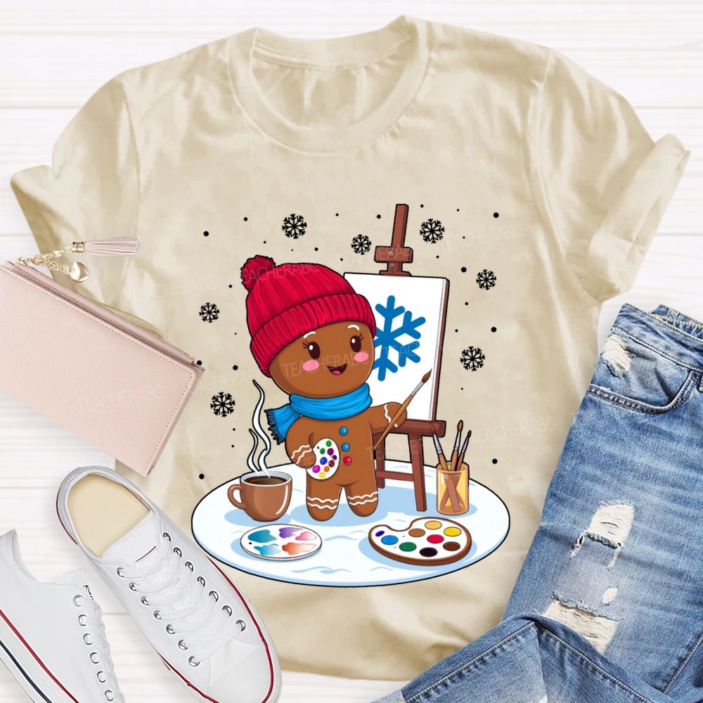Gingerbread Man Drawing In The Snow Art Teacher Merry Christmas T-shirt
