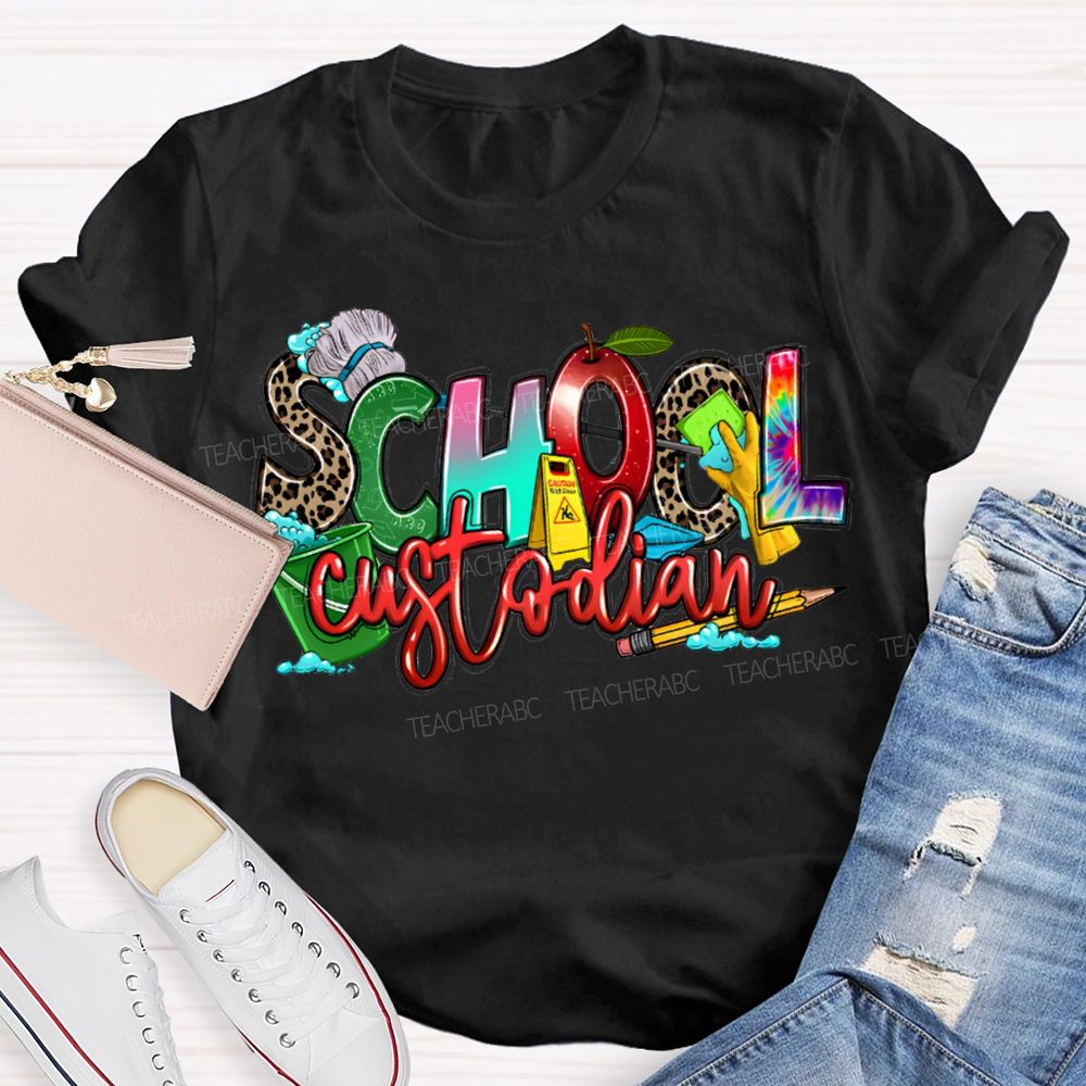 School Custodian Mop And Pencil Print T-shirt