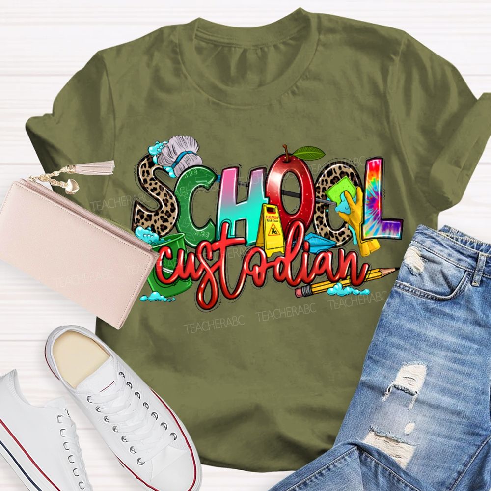 School Custodian Mop And Pencil Print T-shirt