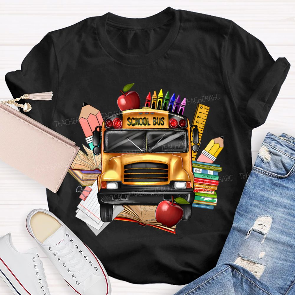 School Bus Apple Crayons And Books T-shirt