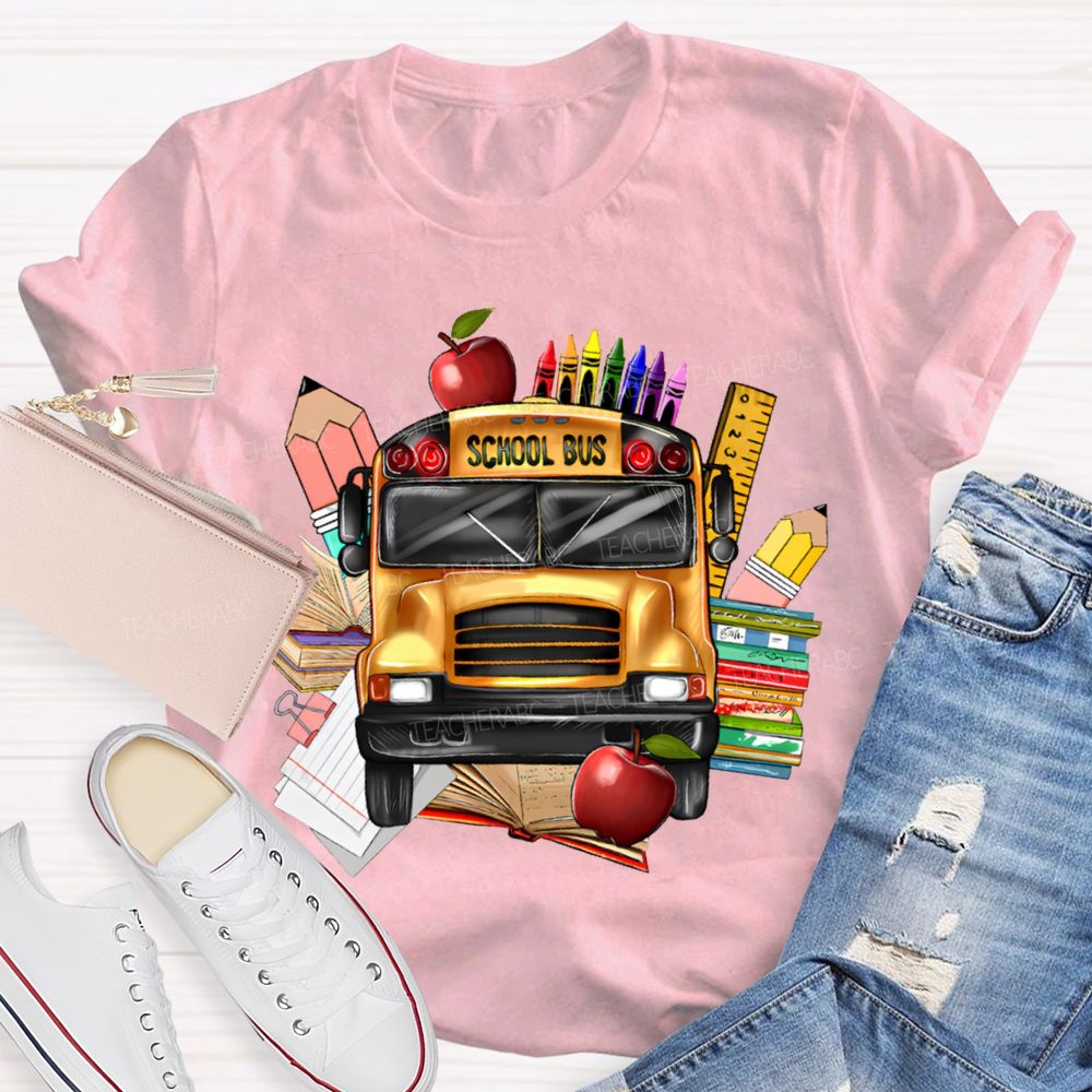 School Bus Apple Crayons And Books T-shirt