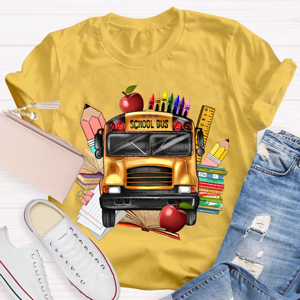 School Bus Apple Crayons And Books T-shirt