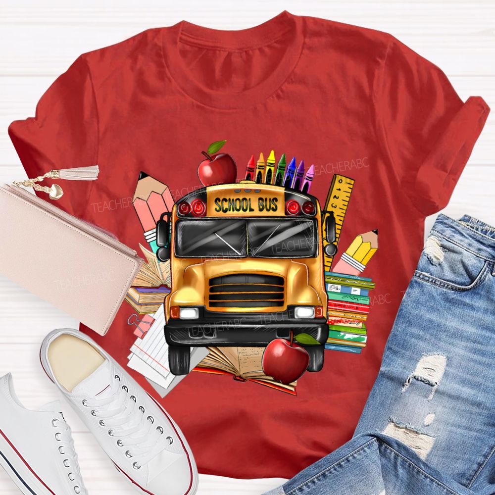 School Bus Apple Crayons And Books T-shirt