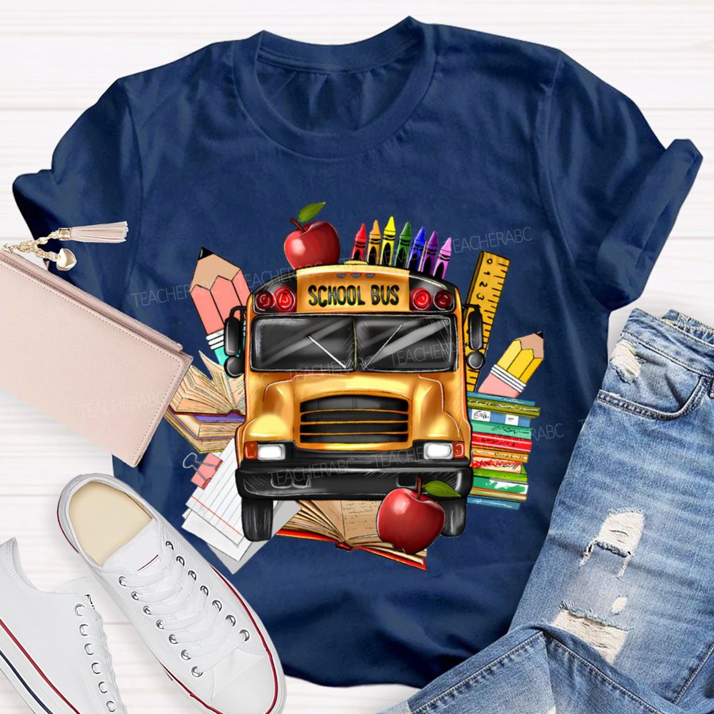 School Bus Apple Crayons And Books T-shirt
