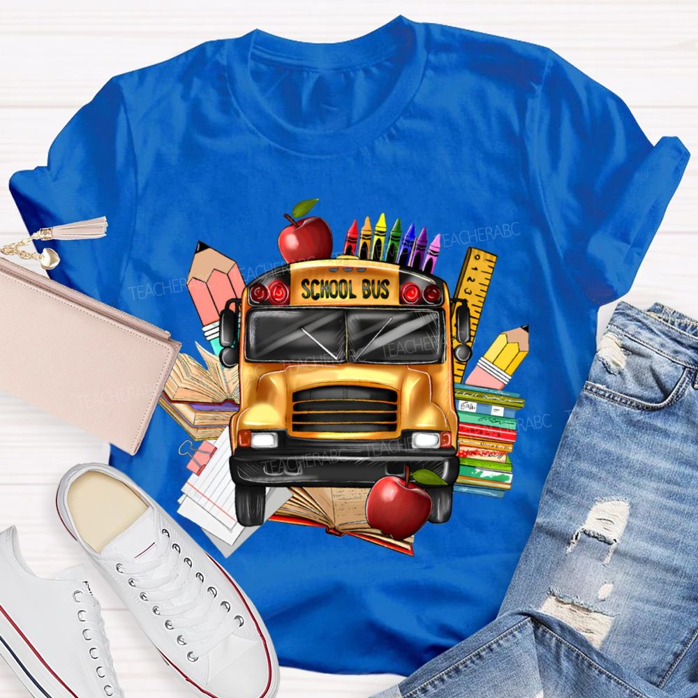 School Bus Apple Crayons And Books T-shirt