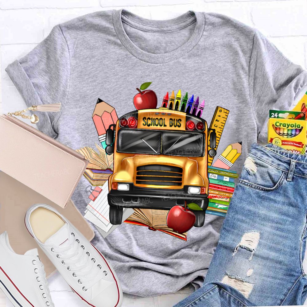 School Bus Apple Crayons And Books T-shirt