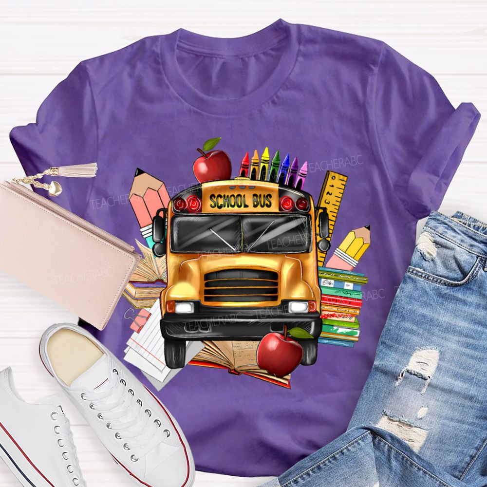 School Bus Apple Crayons And Books T-shirt