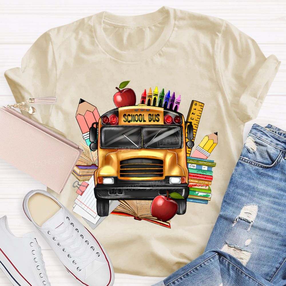 School Bus Apple Crayons And Books T-shirt
