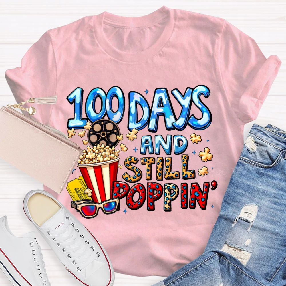 100 Days And Still Poppin Popcorn And Leopard Print Font T-shirt