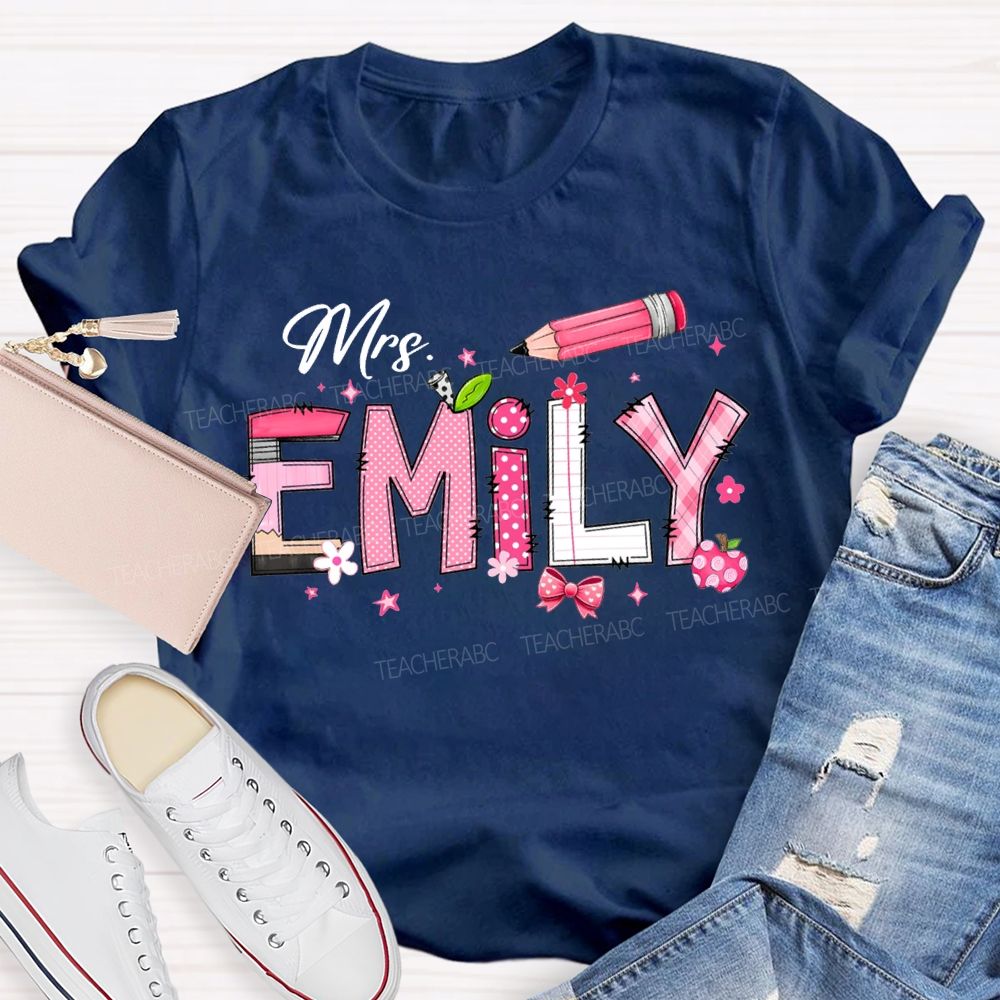 Personalized Name Pink Bow And Pencil T-shirt