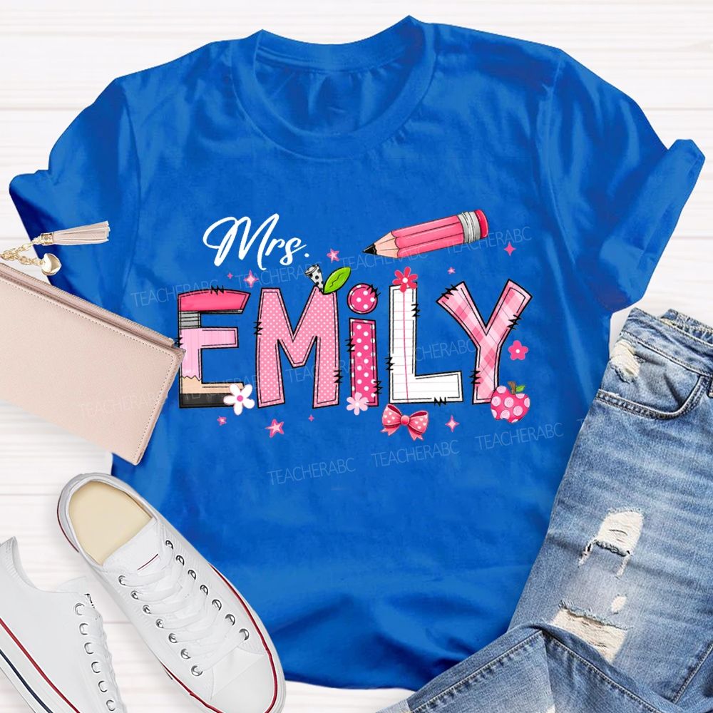 Personalized Name Pink Bow And Pencil T-shirt