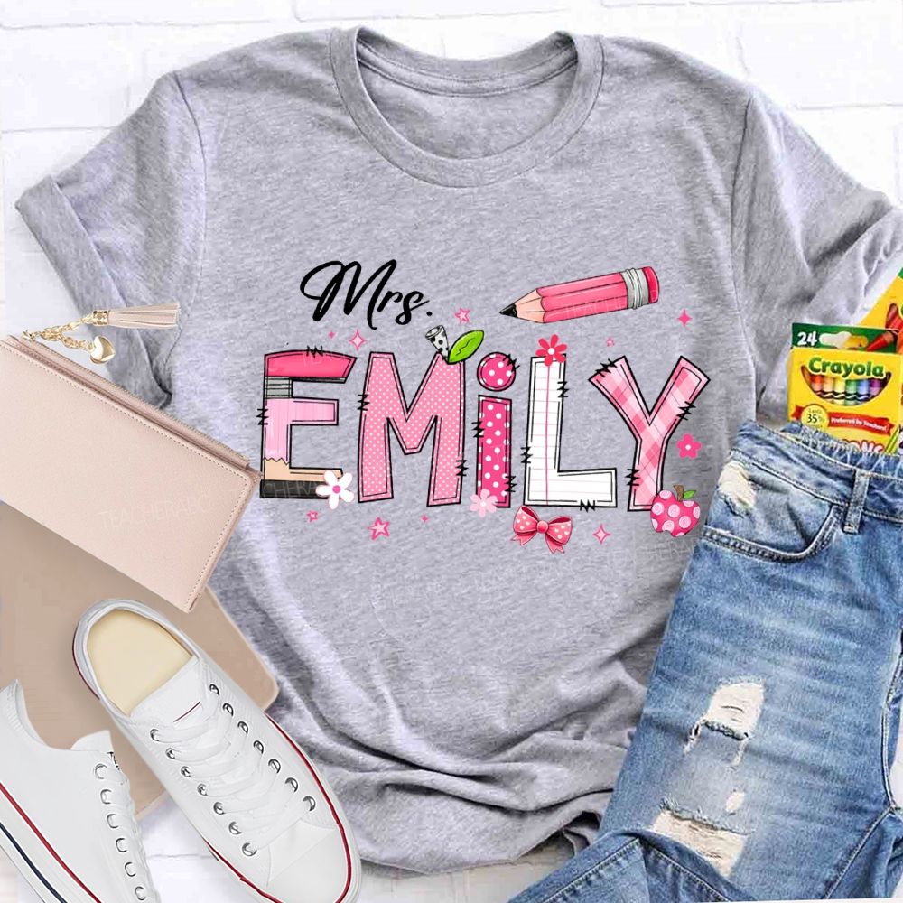 Personalized Name Pink Bow And Pencil T-shirt