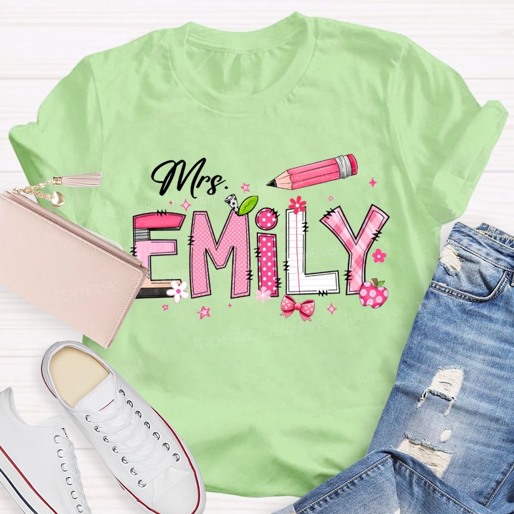 Personalized Name Pink Bow And Pencil T-shirt