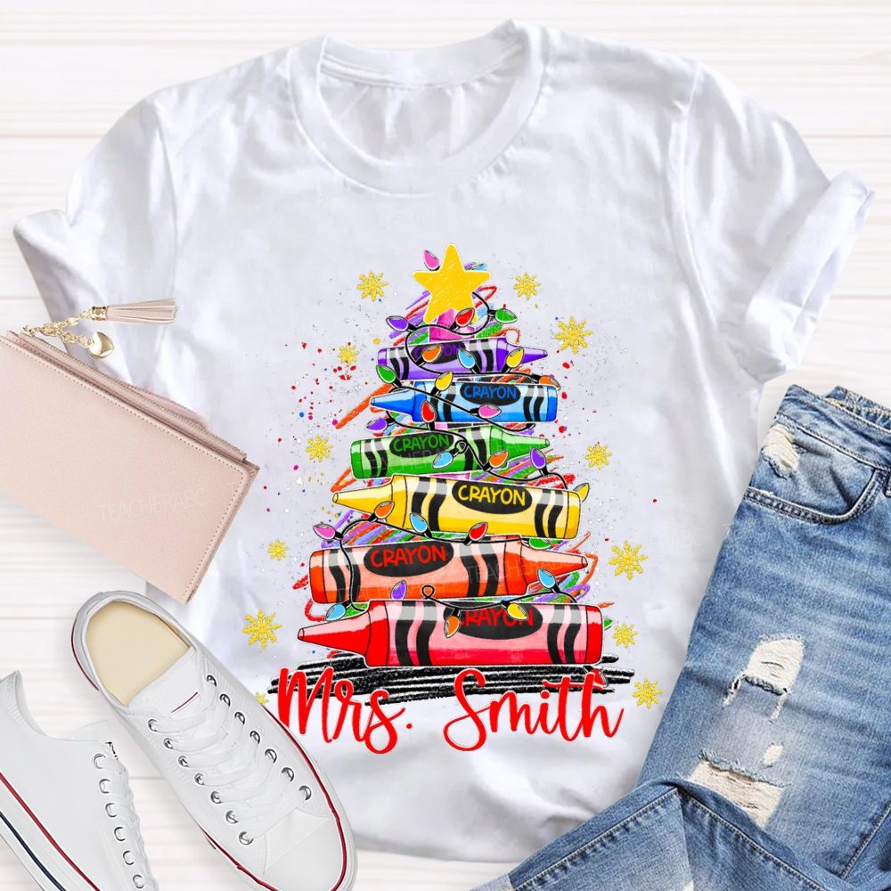 Personalized Name Colored Crayon Christmas Tree And Snowflake Christmas T-shirt