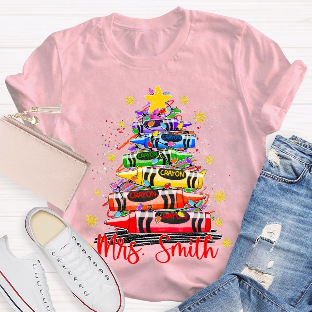 Personalized Name Colored Crayon Christmas Tree And Snowflake Christmas T-shirt
