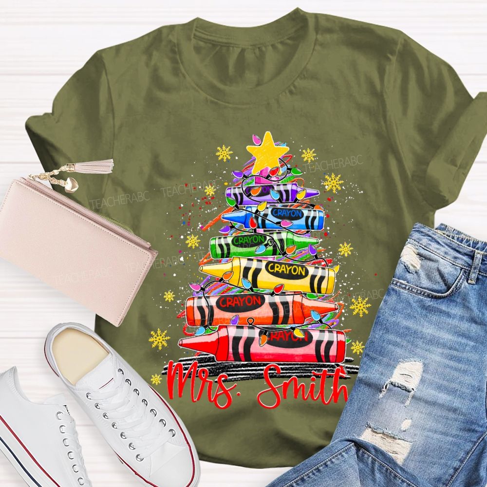 Personalized Name Colored Crayon Christmas Tree And Snowflake Christmas T-shirt