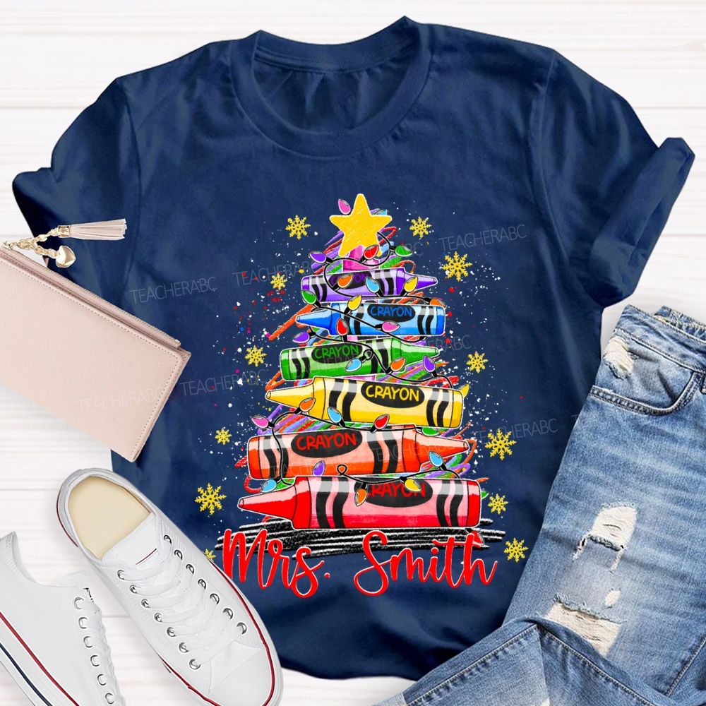 Personalized Name Colored Crayon Christmas Tree And Snowflake Christmas T-shirt