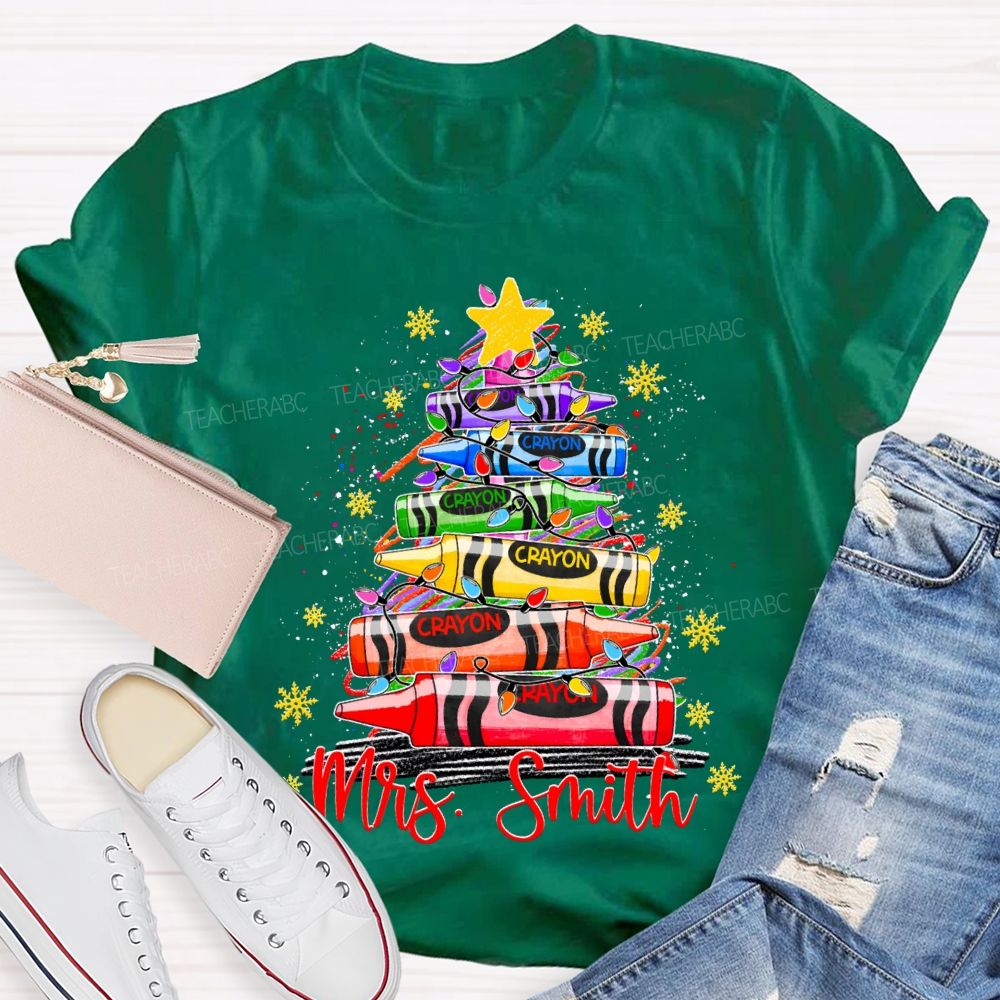 Personalized Name Colored Crayon Christmas Tree And Snowflake Christmas T-shirt