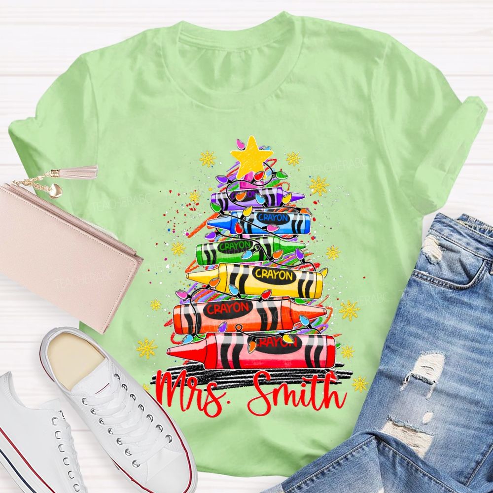 Personalized Name Colored Crayon Christmas Tree And Snowflake Christmas T-shirt
