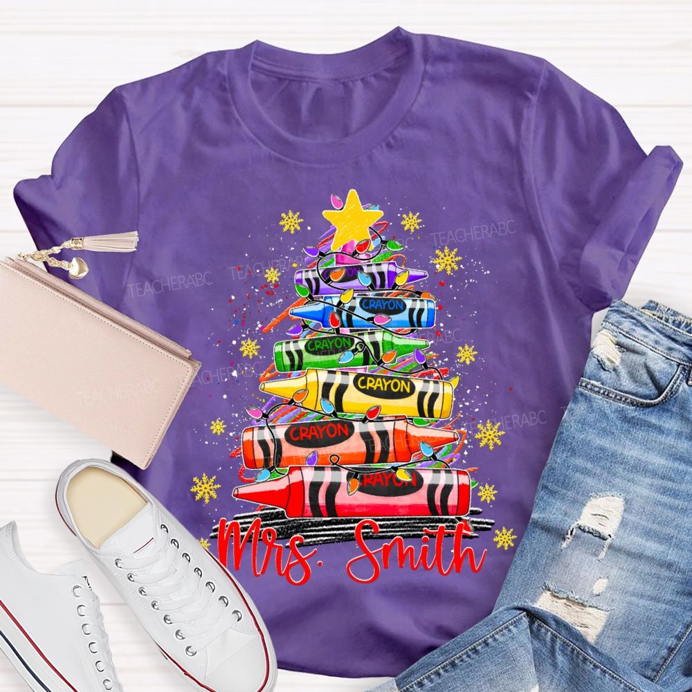 Personalized Name Colored Crayon Christmas Tree And Snowflake Christmas T-shirt