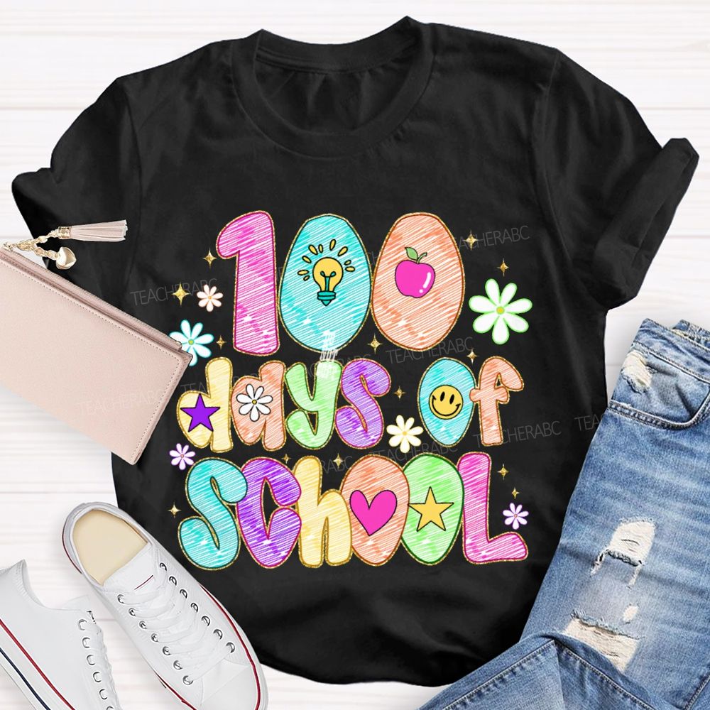 100 Days Of School Colorful Patterned Printed Fonts T-shirt