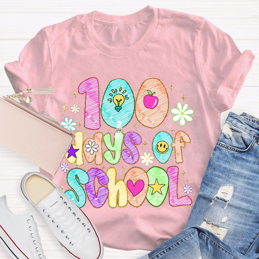 100 Days Of School Colorful Patterned Printed Fonts T-shirt