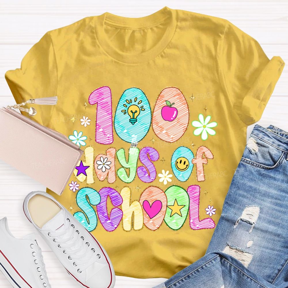 100 Days Of School Colorful Patterned Printed Fonts T-shirt