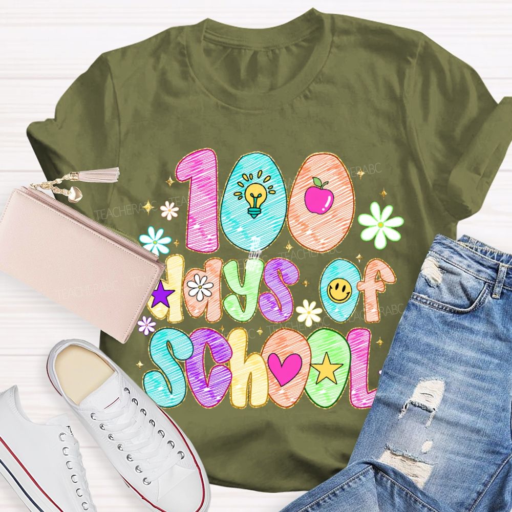 100 Days Of School Colorful Patterned Printed Fonts T-shirt