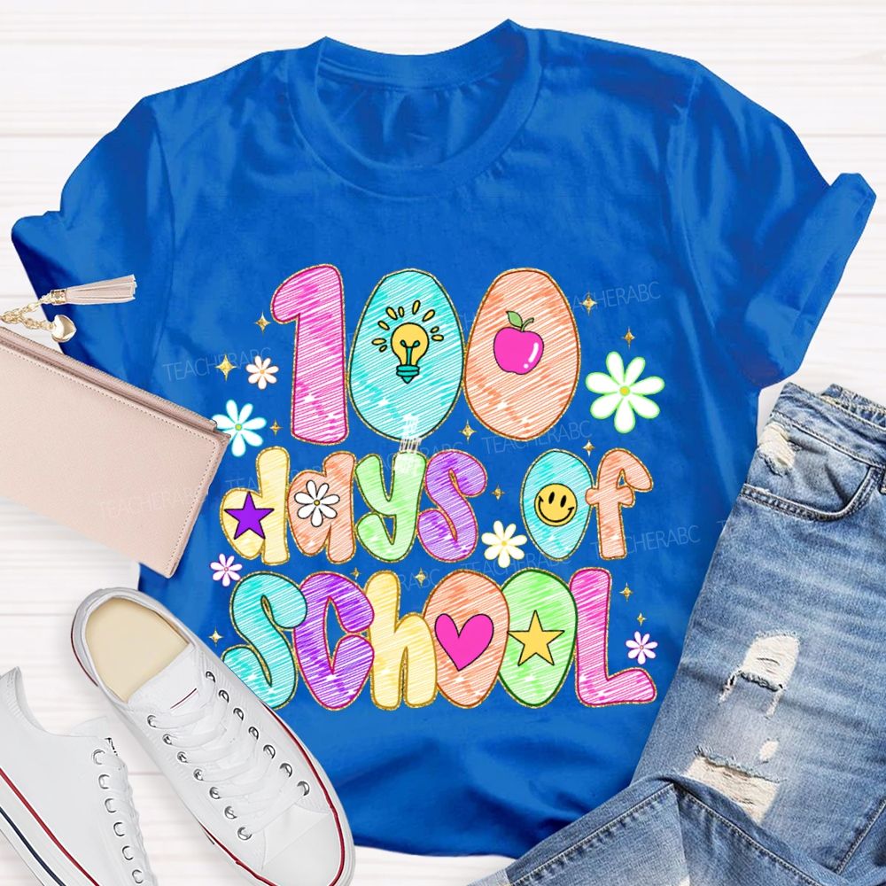 100 Days Of School Colorful Patterned Printed Fonts T-shirt