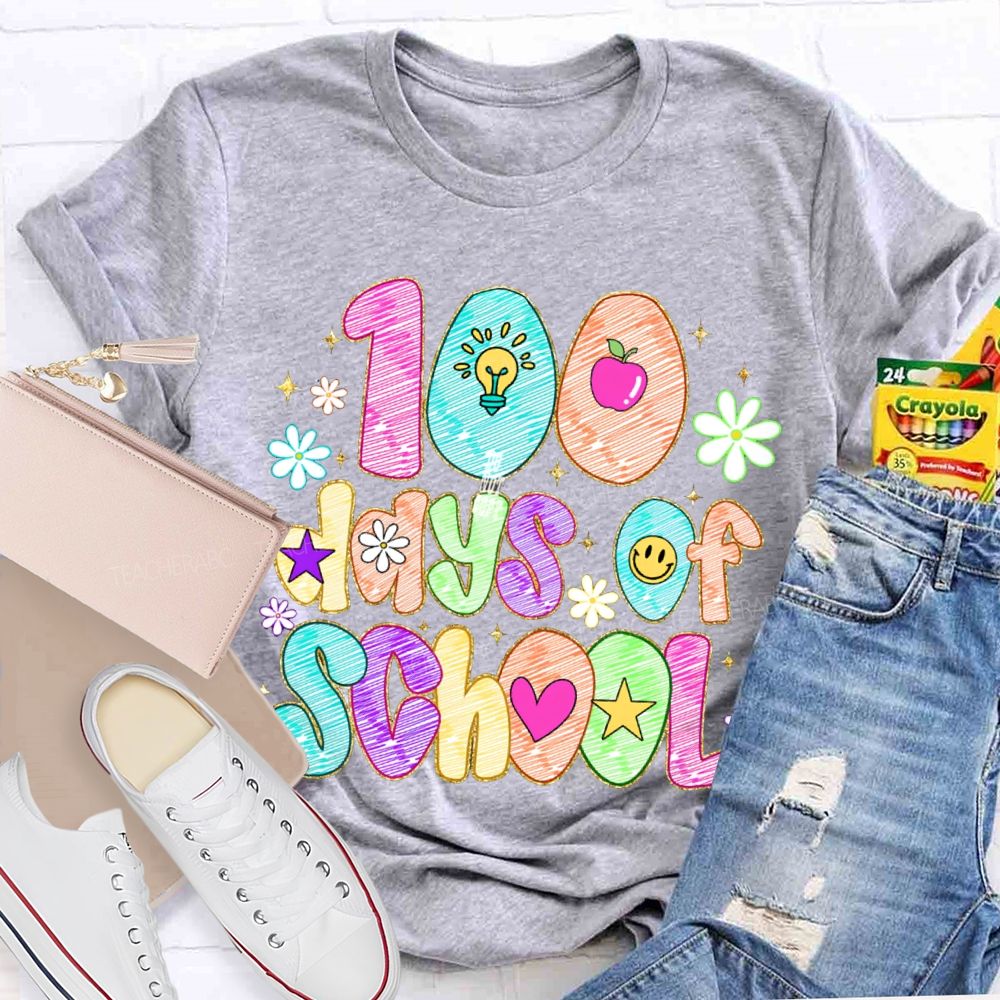 100 Days Of School Colorful Patterned Printed Fonts T-shirt