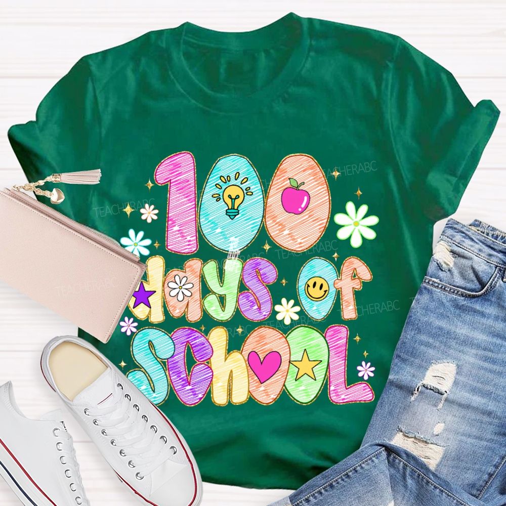 100 Days Of School Colorful Patterned Printed Fonts T-shirt