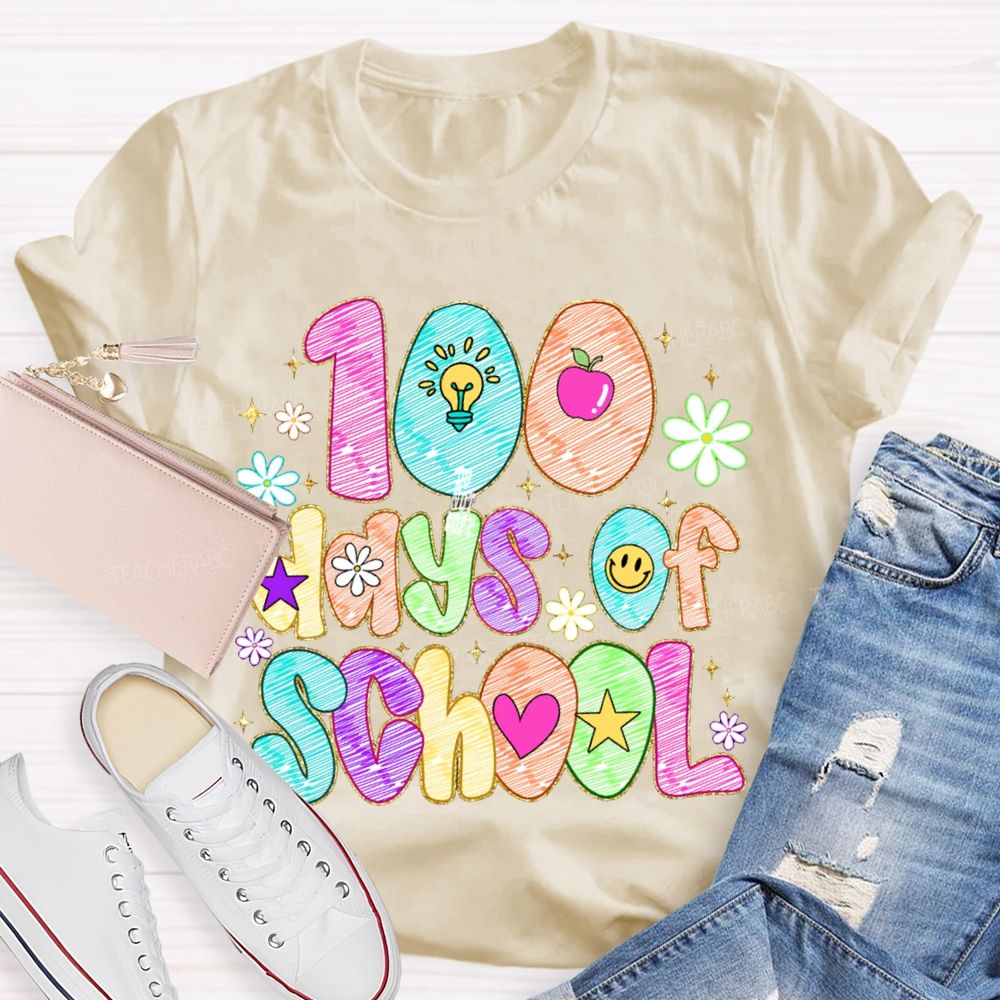 100 Days Of School Colorful Patterned Printed Fonts T-shirt