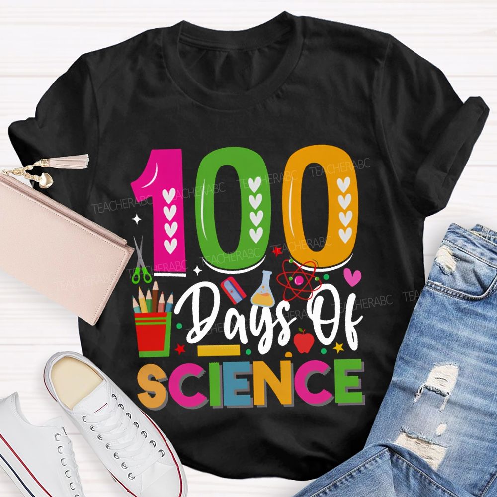 100 Days Of Science Colorful Heart Font T-shirt
