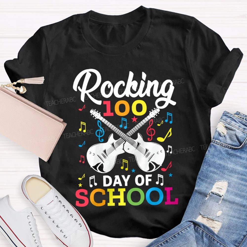 Rocking 100 Day Of School And A Guitar Music Teacher T-shirt