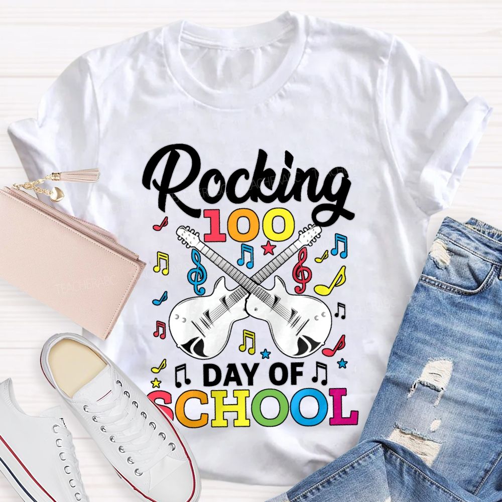 Rocking 100 Day Of School And A Guitar Music Teacher T-shirt