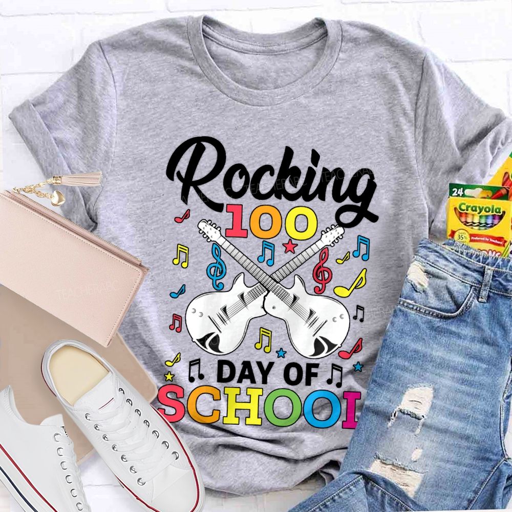 Rocking 100 Day Of School And A Guitar Music Teacher T-shirt