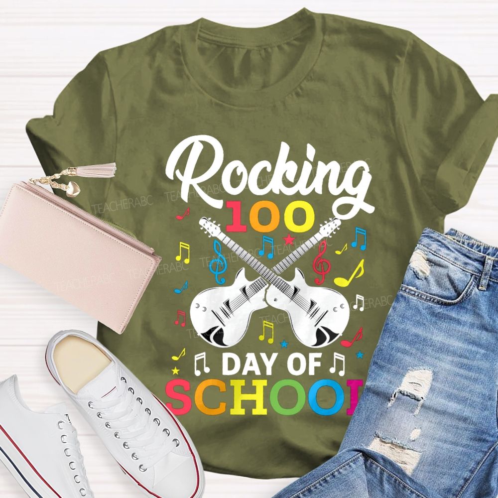 Rocking 100 Day Of School And A Guitar Music Teacher T-shirt
