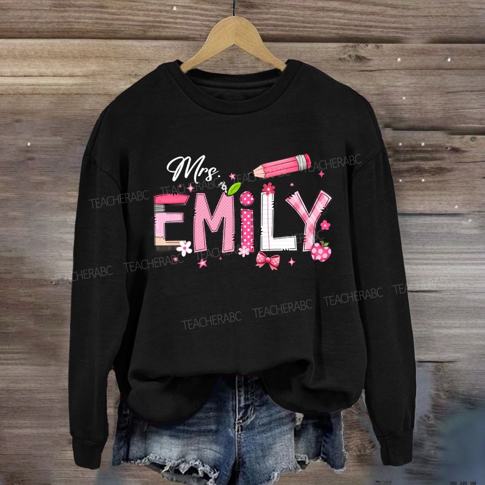 Personalized Name Pink Bow And Pencil Sweatshirt