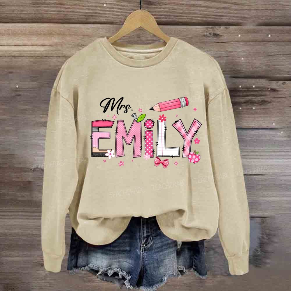 Personalized Name Pink Bow And Pencil Sweatshirt