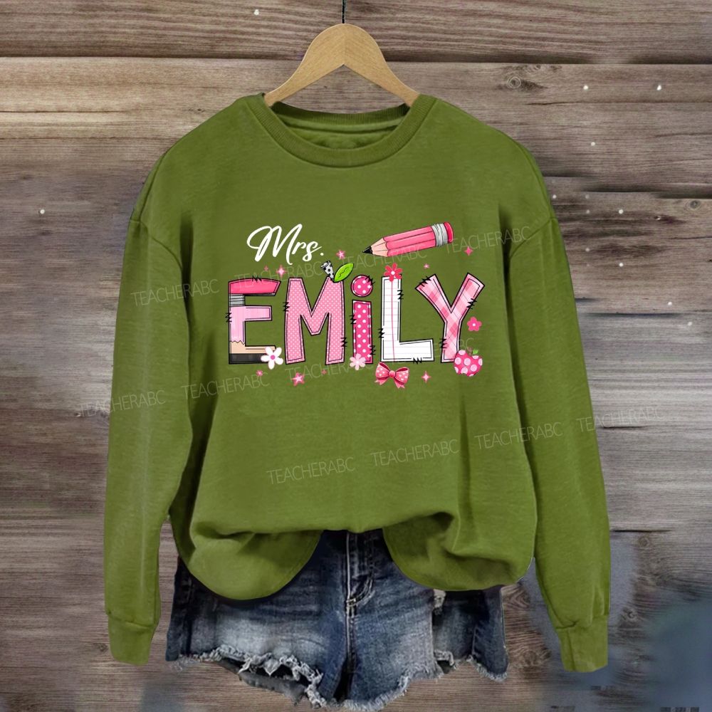 Personalized Name Pink Bow And Pencil Sweatshirt