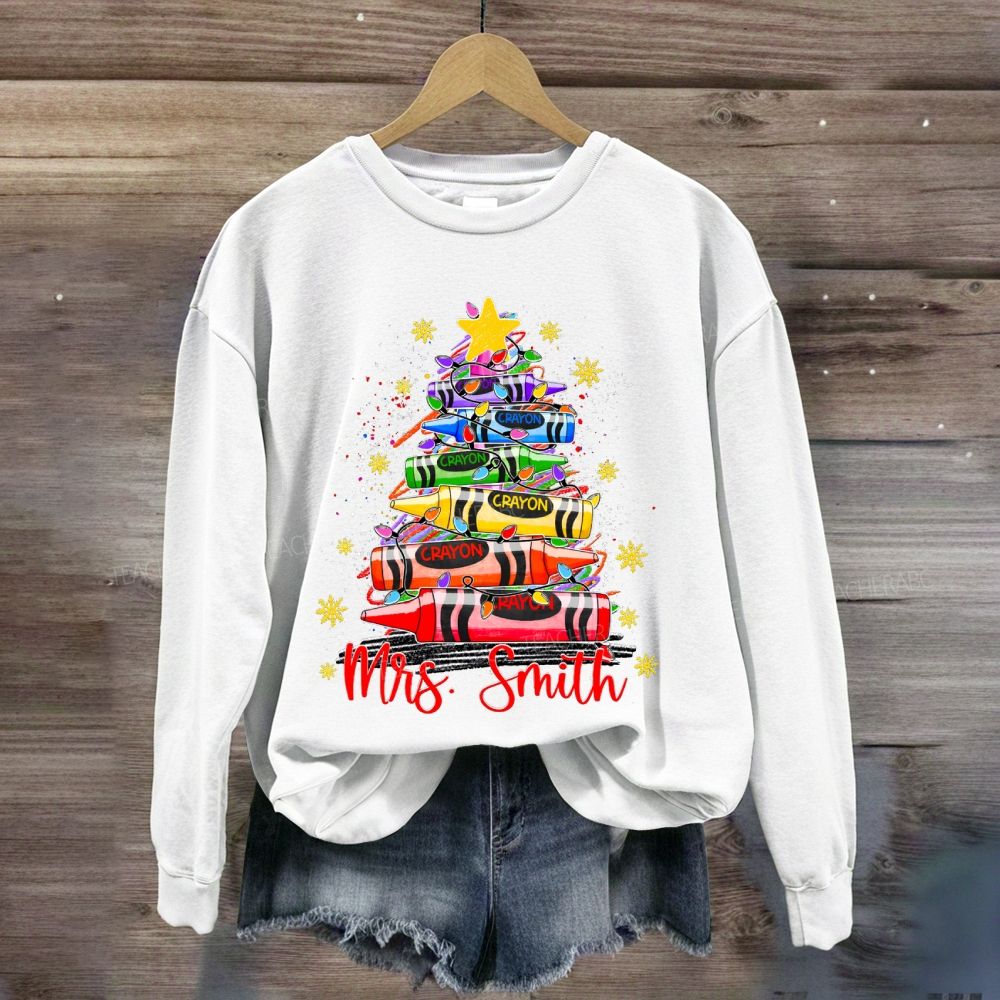 Personalized Name Colored Crayon Christmas Tree And Snowflake Christmas Sweatshirt