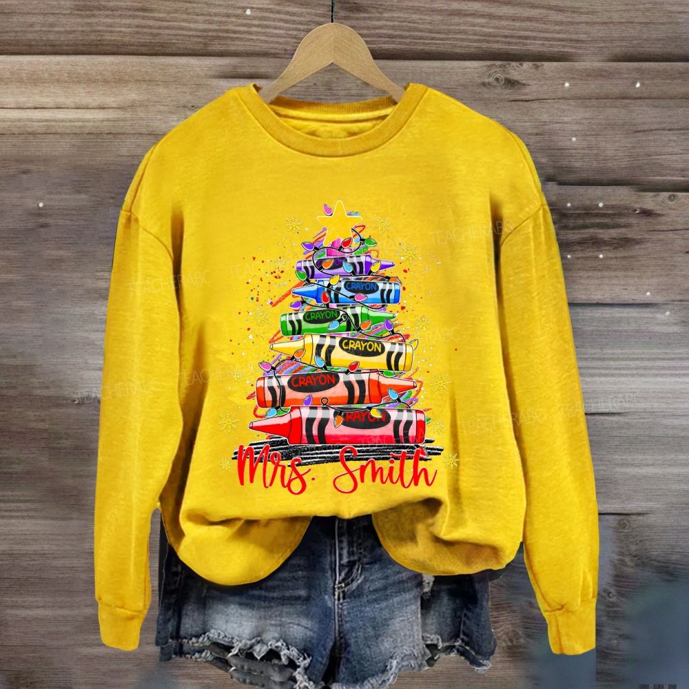 Personalized Name Colored Crayon Christmas Tree And Snowflake Christmas Sweatshirt