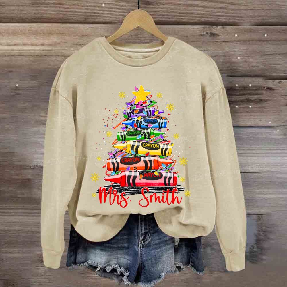 Personalized Name Colored Crayon Christmas Tree And Snowflake Christmas Sweatshirt