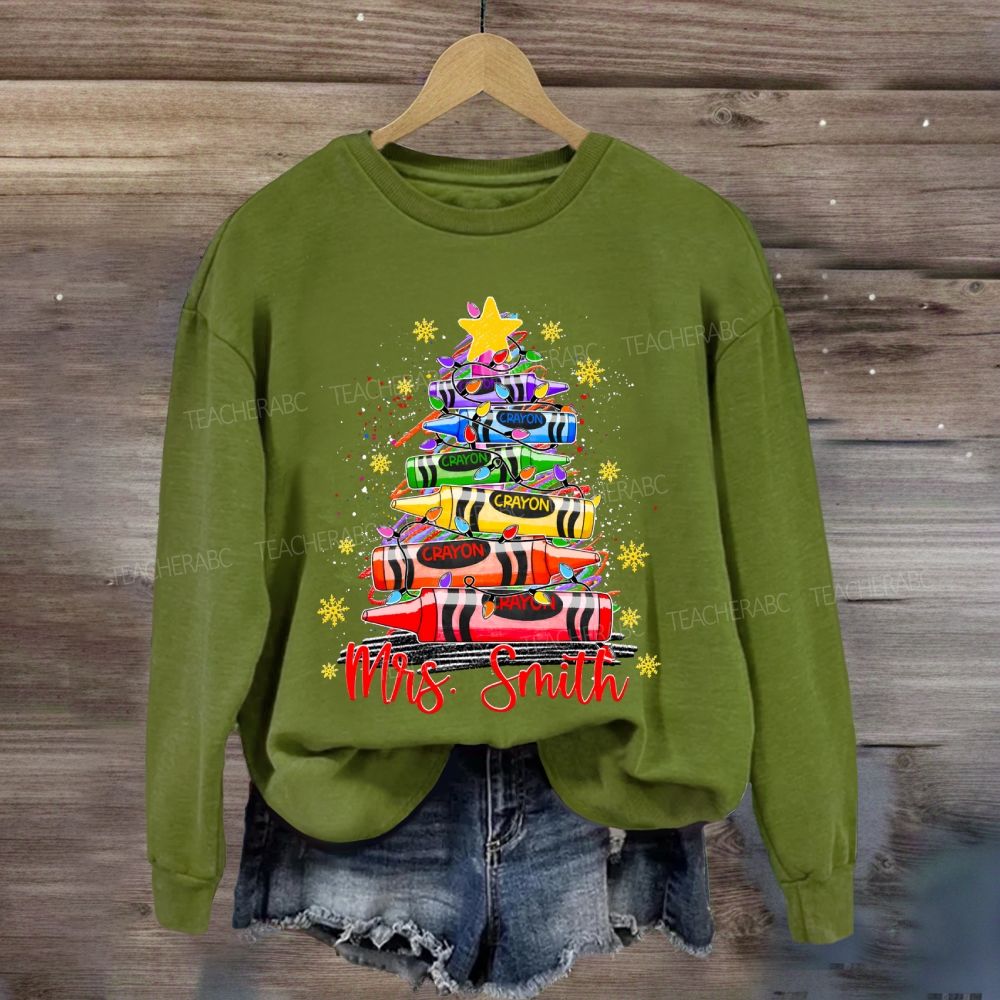 Personalized Name Colored Crayon Christmas Tree And Snowflake Christmas Sweatshirt