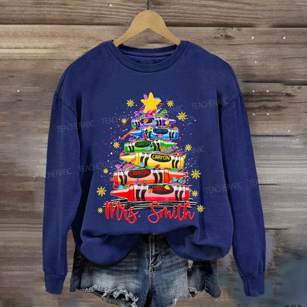Personalized Name Colored Crayon Christmas Tree And Snowflake Christmas Sweatshirt