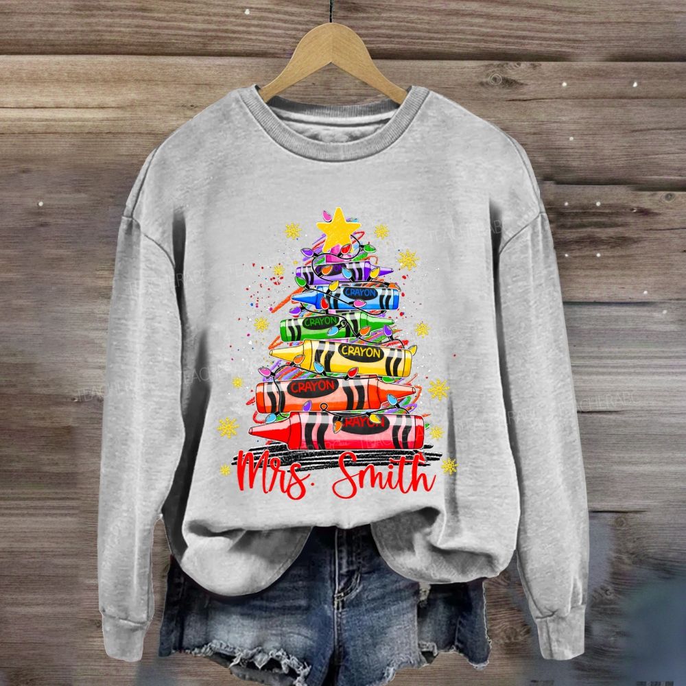 Personalized Name Colored Crayon Christmas Tree And Snowflake Christmas Sweatshirt