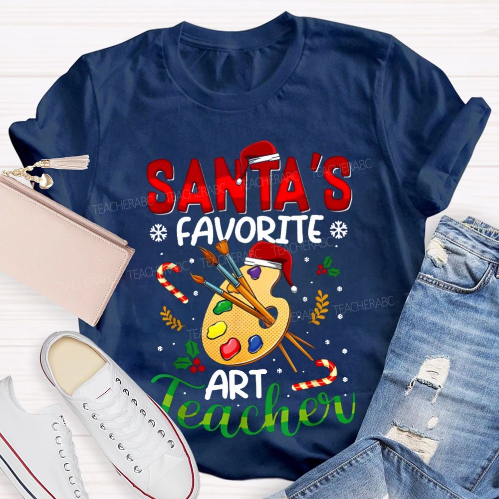 Santa'S Favorite Art Teacher Christmas Hats And Dyeing Trays T-shirt