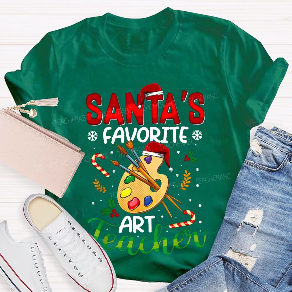 Santa'S Favorite Art Teacher Christmas Hats And Dyeing Trays T-shirt