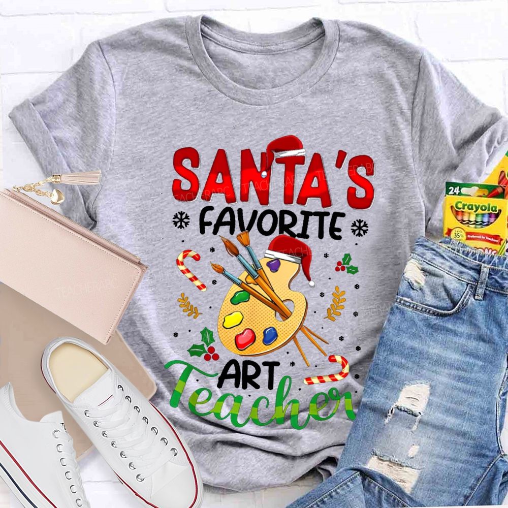 Santa'S Favorite Art Teacher Christmas Hats And Dyeing Trays T-shirt